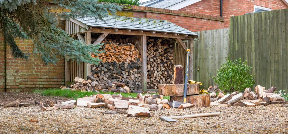 Firewood log pile with an axe and splitting maul.