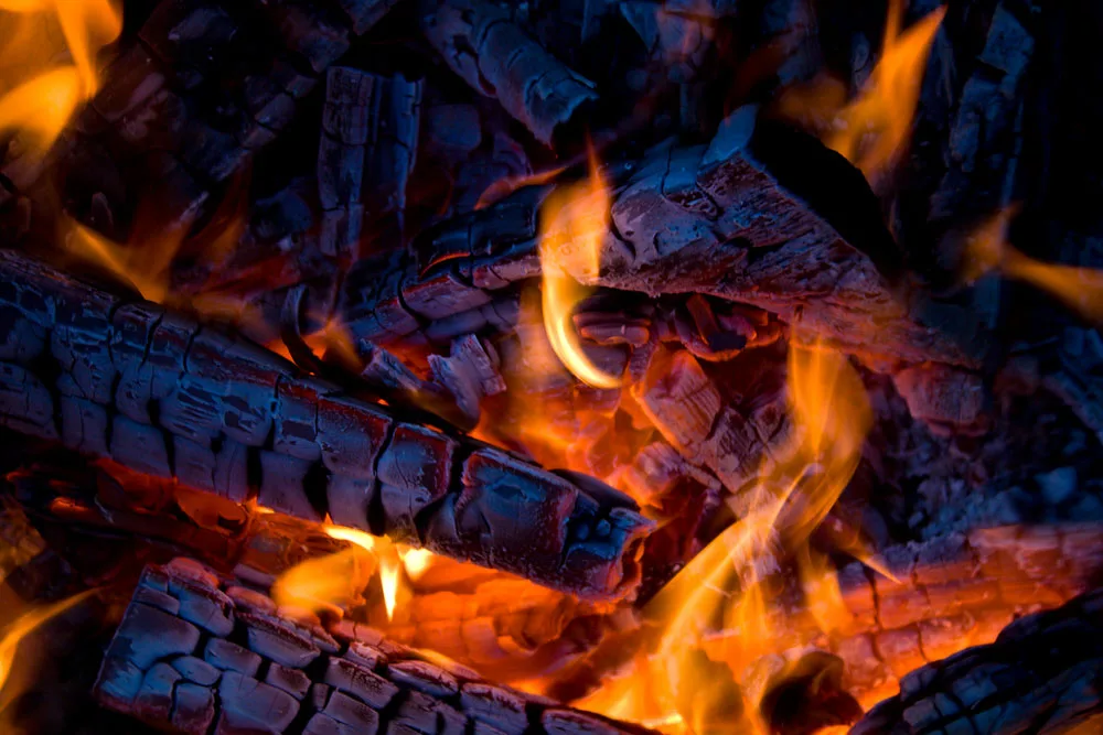 Firewood in a fire. 