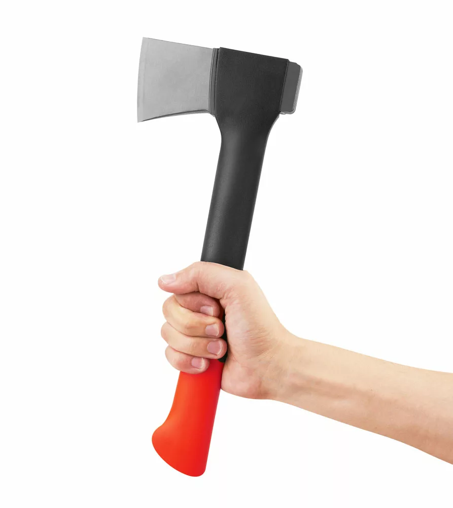a hatchet with a metallic handle covered with rubber