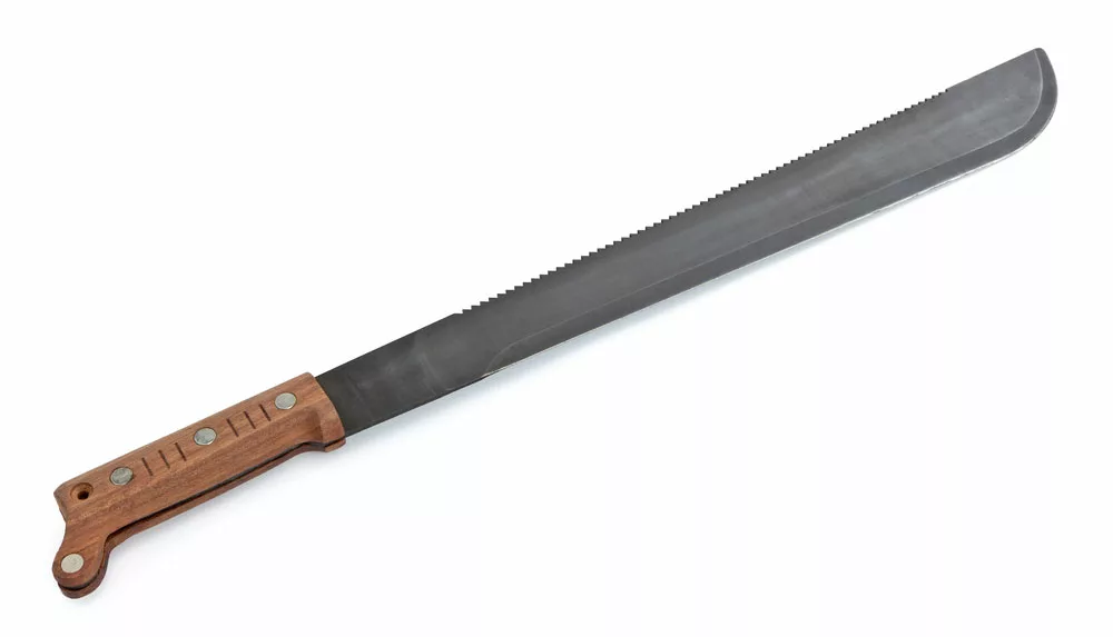 a machete with a short wooden handle.