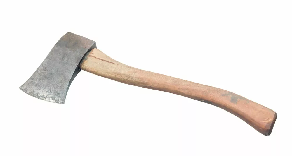An axe with a brown handle