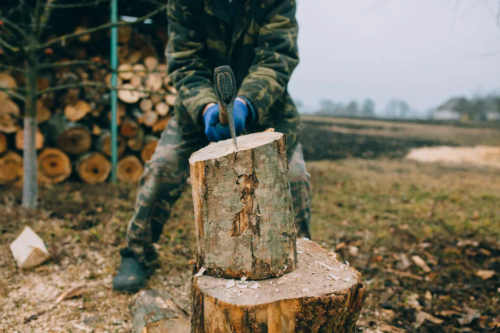 A man splitting a log. 