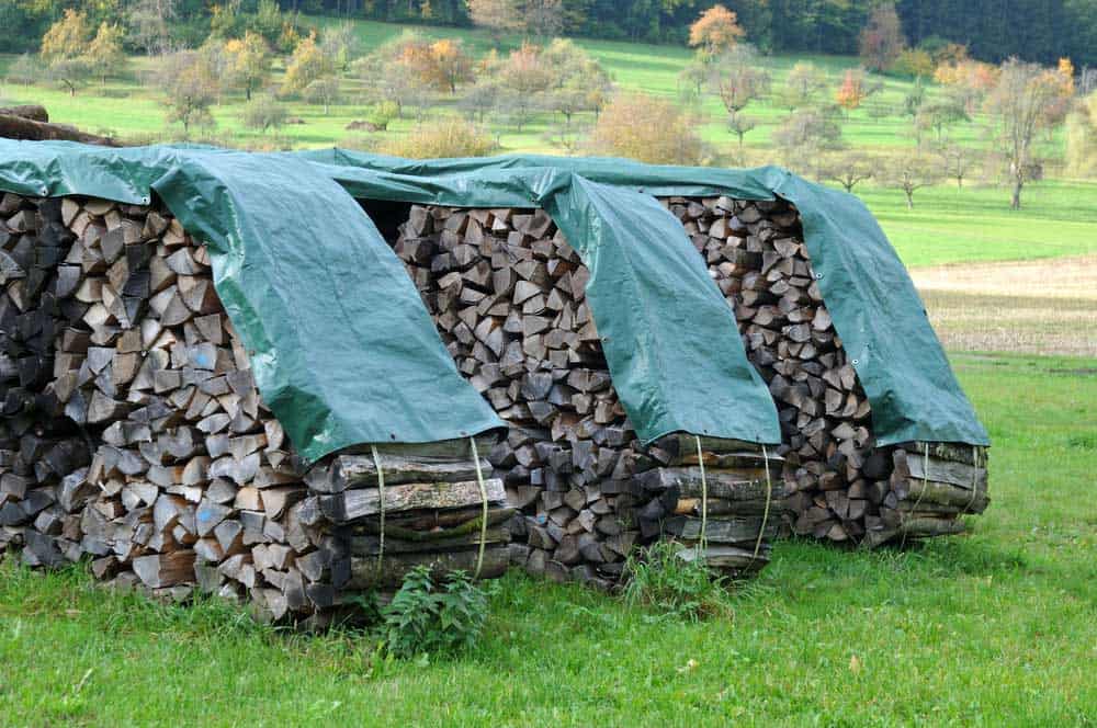Stacks of firewood drying on a meadow covered with plastic tarps
