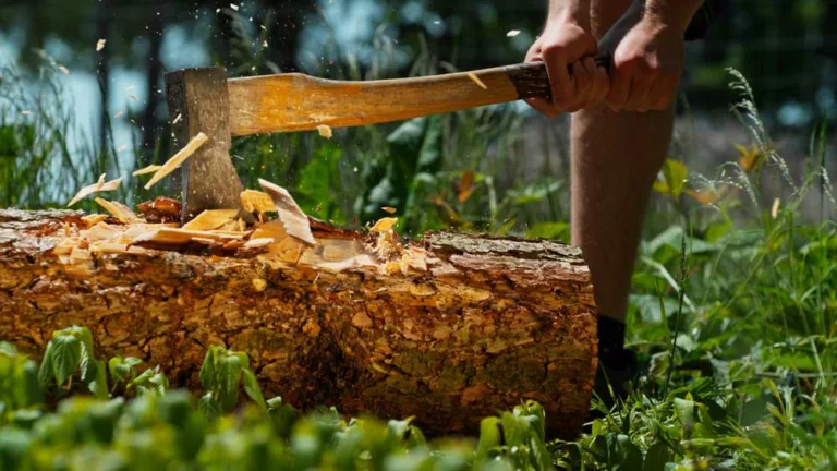 A man uses a chopping axe to buck a log.