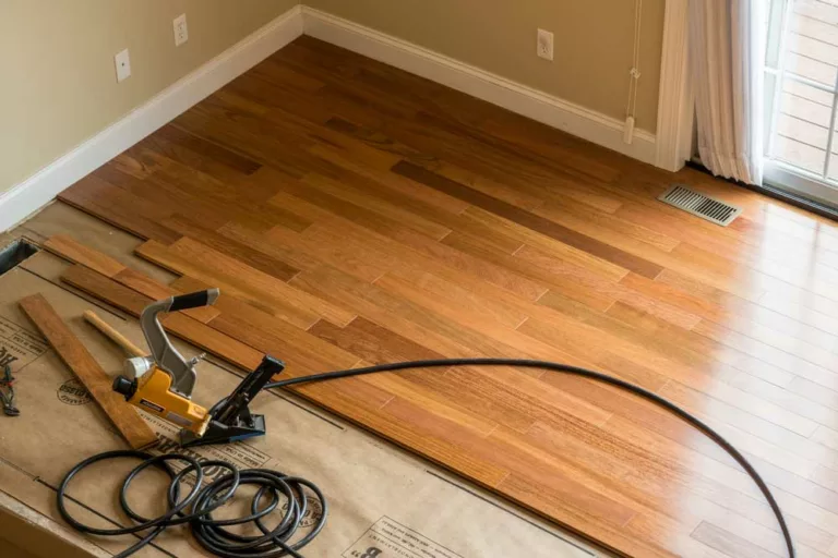 Hardwood floor next to a nail gun